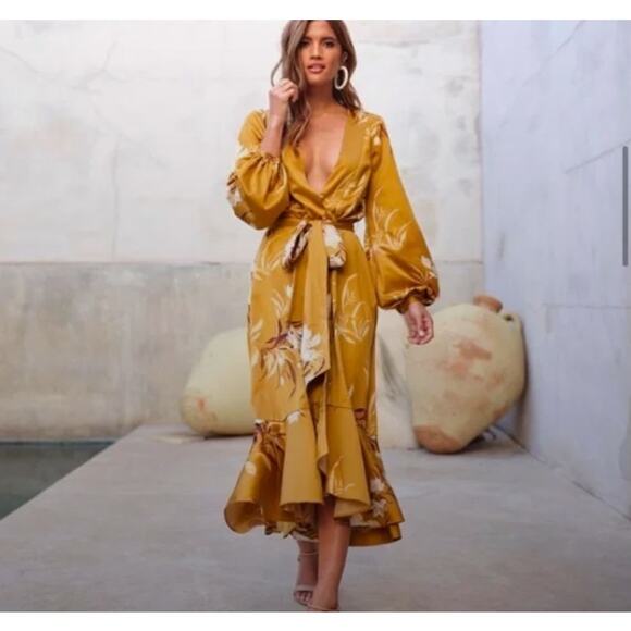 Express x Rocky Barnes Women's Gold Floral Maxi Wrap Dress Size XS Small $108 - Picture 1 of 13